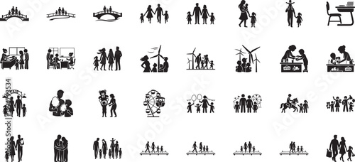 Icons representing family adventures at amusement parks and environmental awareness activities