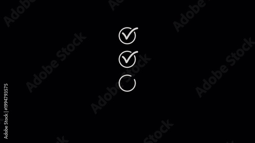 Vertical sequence of white check mark icons representing a multi-step checklist or completed task list. Minimalist digital tick symbols on a transparent alpha channel for video overlays.