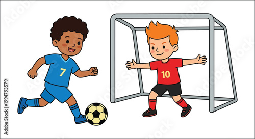 Two young boys playing soccer with a ball near a goalpost