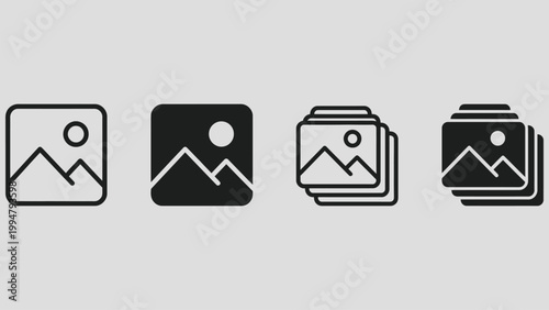 Gallery image icon. Single photo preview and multiple stacked pictures vector graphic. Digital media archive for photo storage indicator. Photography album and artwork display symbol.