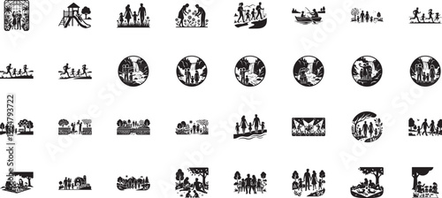 Active family recreation and park activities icons collection in silhouette
