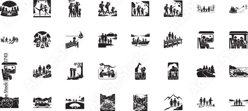 Family travel adventure and zoo visit icons set for designs