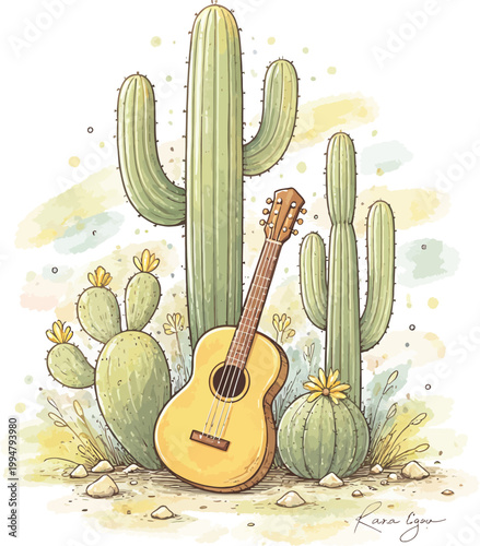 Desert serenade a cactus and guitar in watercolor style