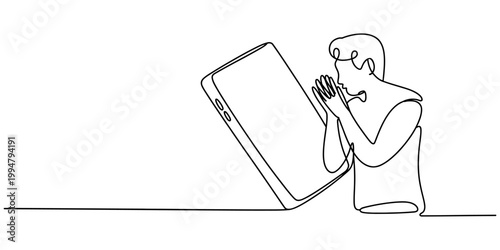 continuous one line drawing Man talking on phone with big screen