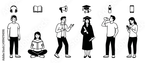 People activities icons set black and white line art vector collection of diverse characters and daily routines including education studying communication and lifestyle habits isolated on white backgr