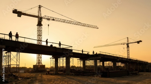 Modern bridge construction project engineers oversee workers at urban location captured from a unique perspective