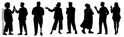 Silhouettes show people gesturing and interacting. No facial expressions reveal emotions clearly. Imagery suits business, social, or creative contexts. Figures stand in varied poses