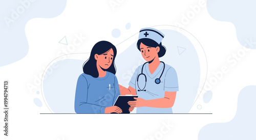 Nurse comforting patient, showing medical results on tablet, empathy and care