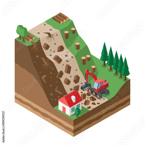 Foto Isometric Illustration of Construction Site with Excavator.