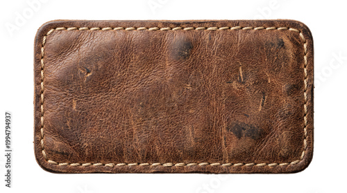 Schilderij op canvas Vintage rectangular brown leather label patch with perimeter stitching on a tran