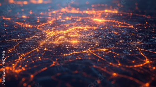 Abstract digital network of glowing orange data lines and nodes visualized with circuit board overlay representing artificial intelligence and cybersecurity
