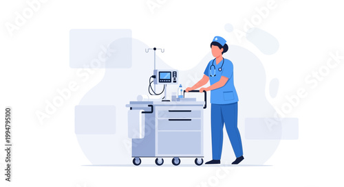 Nurse with Medical Equipment Cart in Modern Hospital Setting