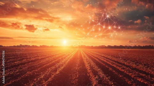 Agricultural Field Under Warm Sunset Sky with Digital Network Connections Representing Future Technology