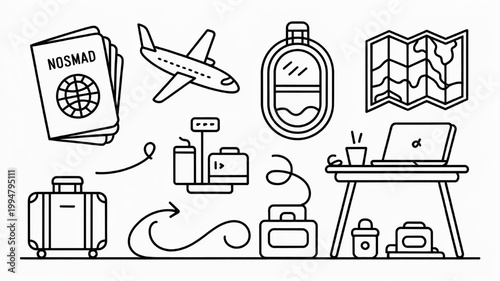 Travel and remote work icons including passport airplane luggage and laptop for digital nomad lifestyle and travel planning isolated on white