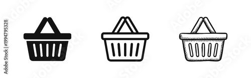 Shopping Basket Icon Set in Three Different Styles: Solid, Outline, and Hand-Drawn