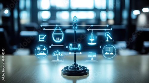 Digital Legal Scales Representing Justice and Compliance in a Modern Courtroom Setting