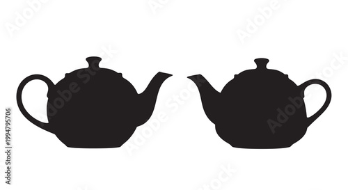 Two black silhouettes of vintage teapots against a white background