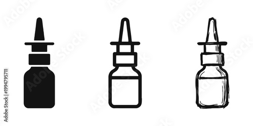 Nasal Spray Bottle Icon Set in Solid, Outline, and Hand-Drawn Styles for Medical Use