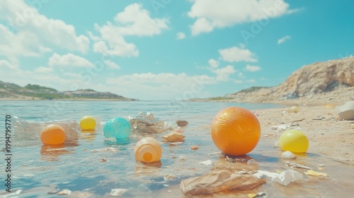 Colorful plastic debris floating near a quiet beach shoreline under a bright blue sky
