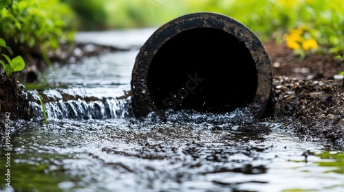 Contaminated water flows from a large pipe into a natural wetland, highlighting environmental pollution issues