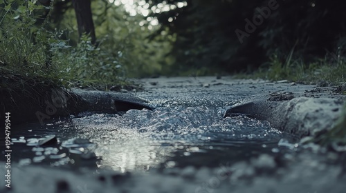 Contaminated water flowing from a storm drain into a natural wetland environment, showcasing environmental degradation.