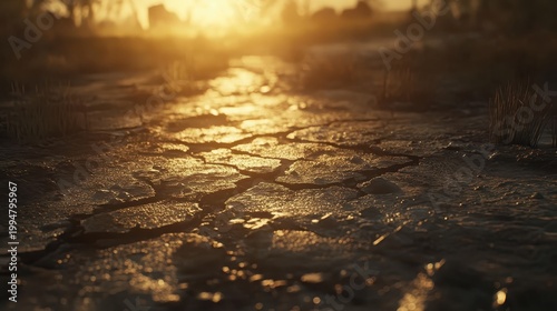 Cracked parched earth under harsh sunlight in a rural drought-stricken region