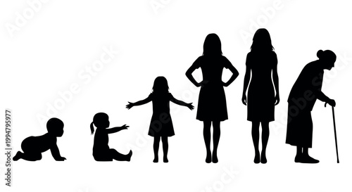 Human life cycle stages from baby to elderly woman silhouette