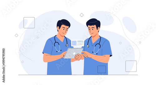 Two doctors in blue scrubs with stethoscopes looking at a tablet, medical teamwork concept