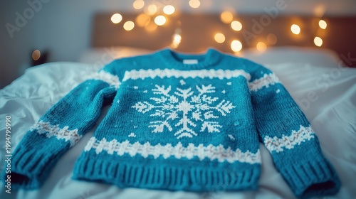 Cozy Blue Christmas Sweater Featuring a Snowflake Pattern and Festive Holiday Lights.
