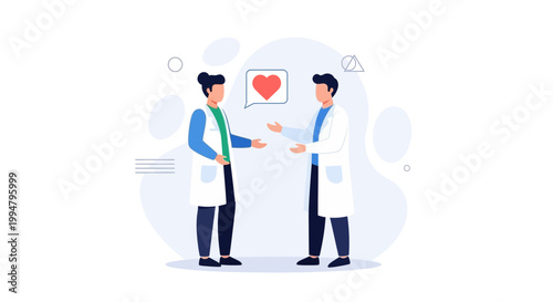 Two doctors in white coats discussing, with a red heart in a speech bubble above.