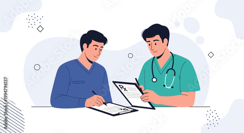 Doctor and patient discussing medical prescription, healthcare consultation, doctor's office