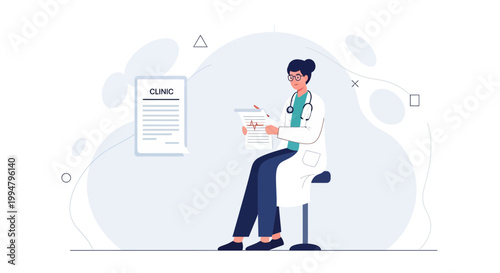 Doctor reviewing medical chart with heartbeat graphic in clinic setting