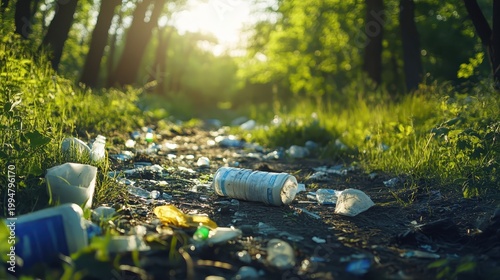 Discarded Plastic Bottles and Litter Fouling a Sunlit Forest Path, Highlighting Environmental Pollution