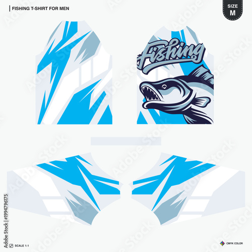 Mens Raglan Fishing T-Shirt Sublimation Jersey Print Template Blue White Abstract Geometric Pattern with Fish Illustration
