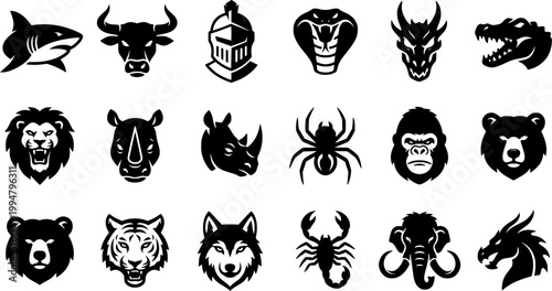 Esport Mascot Symbol Set featuring Animal and Warrior Heads in Minimalist Monoline Vector Art Style for Competitive Gaming Identity
