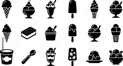Vintage engraving style ice cream collection featuring sundae, scoop, waffle cone, popsicle, sandwich, and bowl on white.
