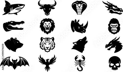 Esport Mascot Symbol Set featuring Animal and Warrior Heads in Minimalist Monoline Vector Art Style for Competitive Gaming Identity
