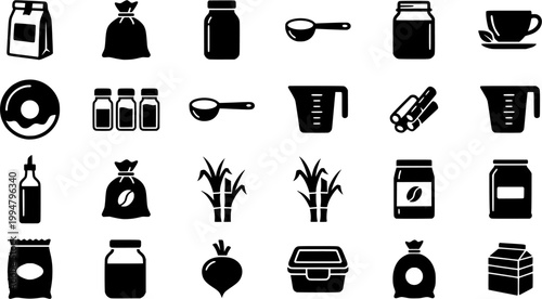Refined seasoning and sweetener production line art icons featuring sugar cubes, salt shakers, and confectionery manufacturing equipment.
