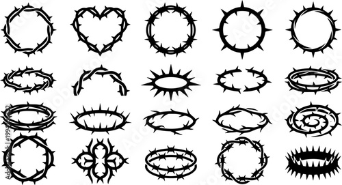 Crown of thorns and heart shaped brier border for religious and gothic design. Monoline black ink style featuring sharp botanical elements and mystical wreaths