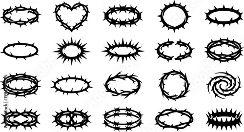 Crown of thorns and heart shaped brier border for religious and gothic design. Monoline black ink style featuring sharp botanical elements and mystical wreaths