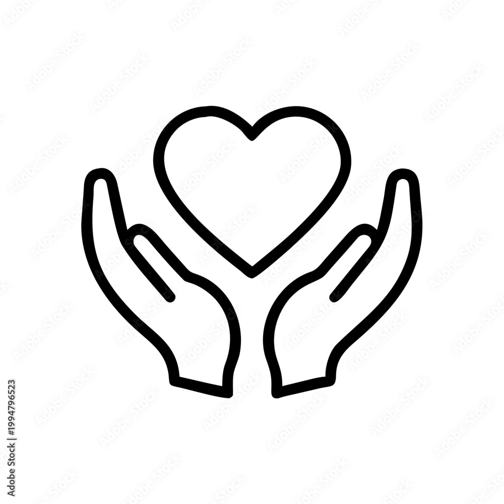 Obraz premium Minimal line art of hands cupping heart symbol for health and emotional wellness icon set.