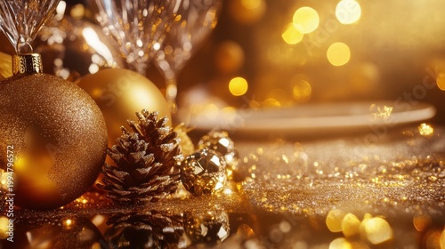 Festive Golden Christmas Decorations with Pinecones and Baubles Gleaming in Warm Bokeh Lights