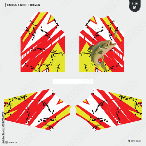 Mens Raglan Fishing T-Shirt Sublimation Jersey Print Template Red Yellow Geometric Splatter Pattern with Fish Illustration