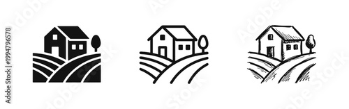 Rural Farm House and Field Landscape Icon Set in Three Different Illustration Styles