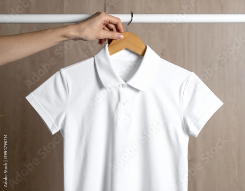 hand holding blank white polo shirt on wooden hanger, apparel mockup for branding, clothing display, retail fashion presentation