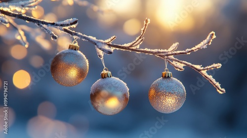 Glistening Christmas Ornaments Adorn a Snowy Branch in Warm Winter Sunlight, Evoking a Magical Holiday Atmosphere