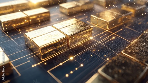 Gleaming gold bullion bars resting on a data-driven financial report with digital network overlays, symbolizing wealth and economic progress.