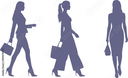 Silhouettes of business women walking with handbags isolated on white background
