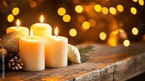 Glowing Christmas candles casting warm, cozy light on a festive holiday mantelpiece with soft bokeh background