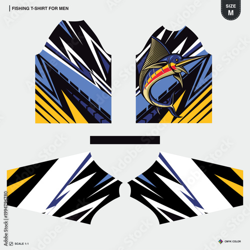Mens Raglan Fishing T-Shirt Sublimation Jersey Print Template Cyan Navy Blue Abstract Water Pattern Fish Illustration